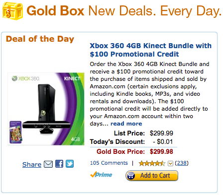 Amazon Xbox 360 4GB Kinect Bundle with $100 Promotional Credit 